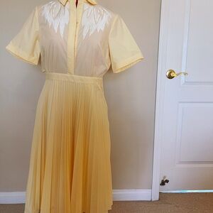 Maje Yellow Midi Dress with White Embroidery